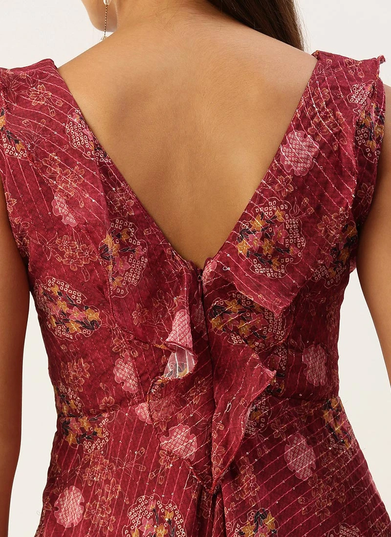 Wine Georgette Digital Print V Neck Gown Party Wear 6 Wine Georgette Digital Print V Neck Gown Party Wear - Image 6