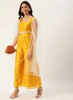 Yellow Art Silk Embroidered Jumpsuit Party Wear -Indo Clothing Shop Yellow Art Silk Embroidered Jumpsuit DRBS02209681 u