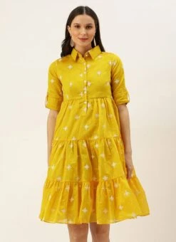 Yellow Chanderi Cotton Tiered Dress Festive Wear 10 Yellow Chanderi Cotton Tiered Dress Festive Wear -Indo Clothing Shop Yellow Chanderi Cotton Tiered Dress DRBS02205872 u