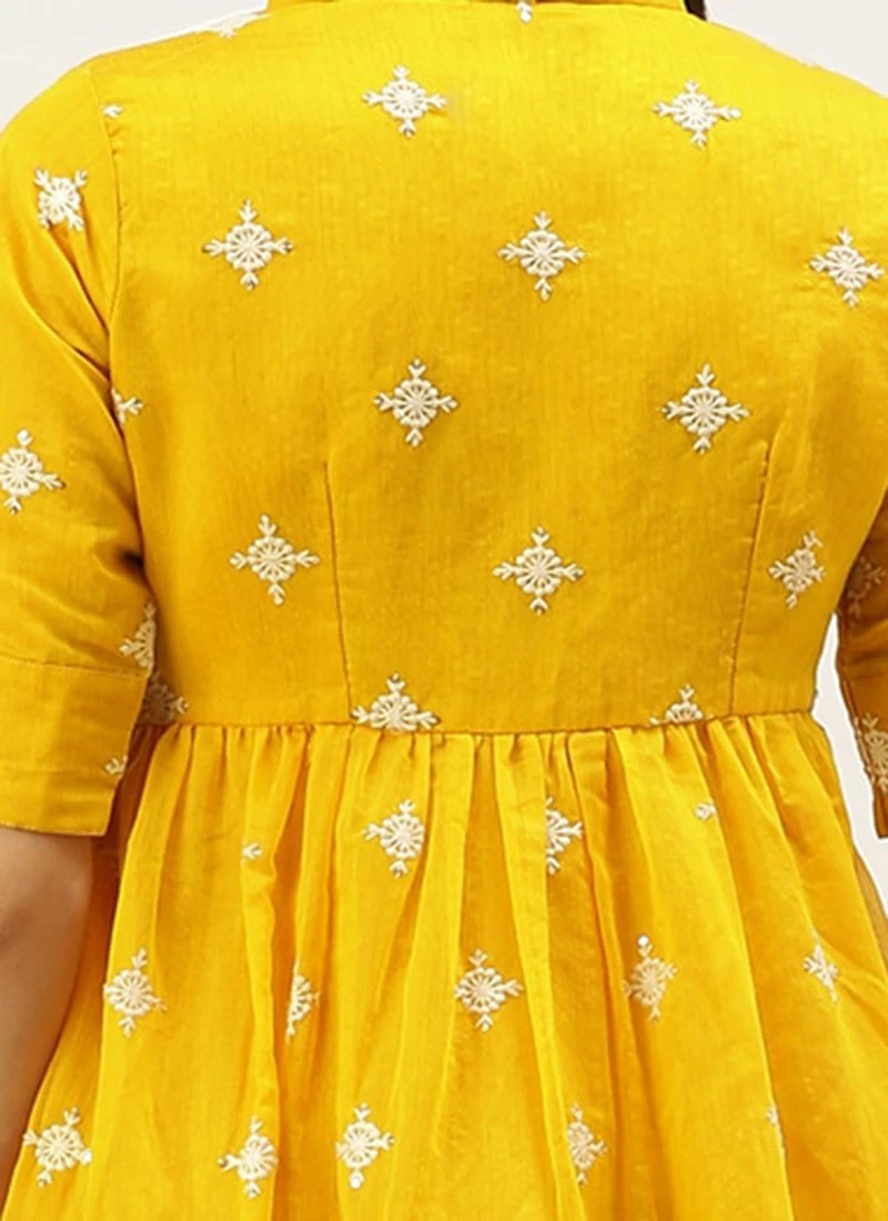 Yellow Chanderi Cotton Tiered Dress Festive Wear 6 Yellow Chanderi Cotton Tiered Dress Festive Wear - Image 6