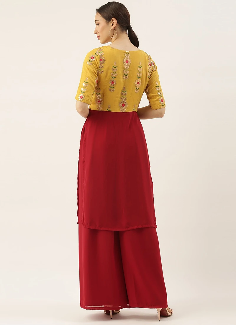 Yellow Embroidered Chinon N Maroon Kurta Set Festive Wear 4 Yellow Embroidered Chinon N Maroon Kurta Set Festive Wear - Image 4