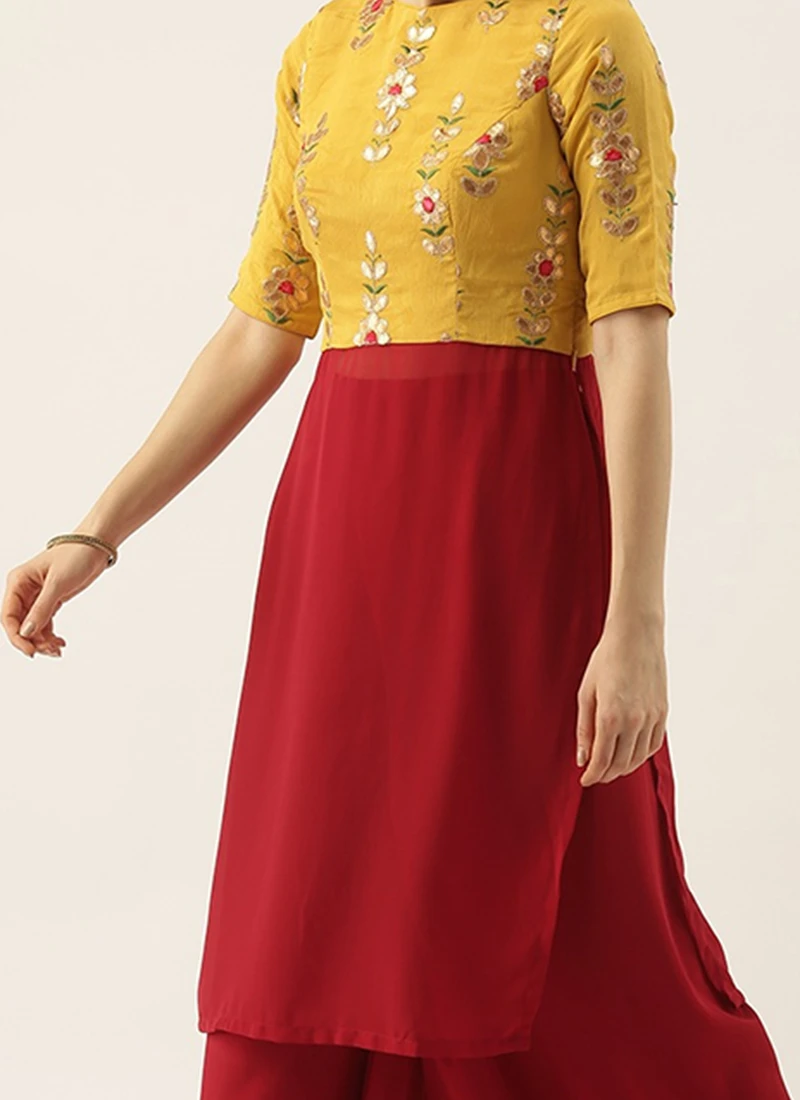 Yellow Embroidered Chinon N Maroon Kurta Set Festive Wear 1 Yellow Embroidered Chinon N Maroon Kurta Set Festive Wear