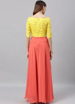 Yellow Embroidered N Peach Overlapping Style Gown Party Wear -Indo Clothing Shop Yellow Embroidered N Peach Overlapping Style Gown IWBS02004315 b