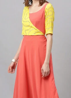 Yellow Embroidered N Peach Overlapping Style Gown Party Wear