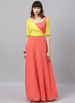 Yellow Embroidered N Peach Overlapping Style Gown Party Wear -Indo Clothing Shop Yellow Embroidered N Peach Overlapping Style Gown IWBS02004315 u