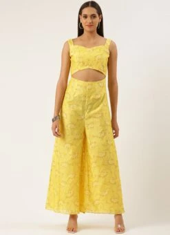 Yellow Foil Printed Jumpsuit Festive Wear -Indo Clothing Shop Yellow Foil Printed Jumpsuit DRBS02208466 u
