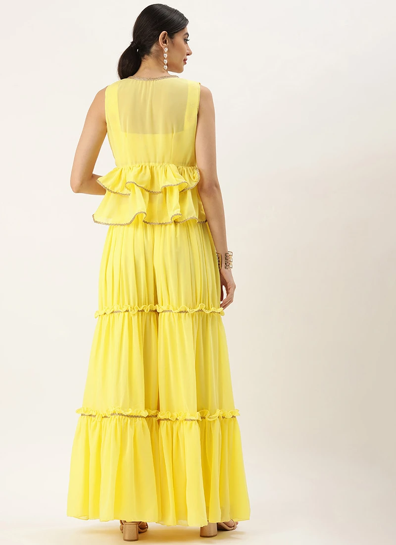 Bottom From Yellow Georgette Embroidered Crop Top N Sharara Set After Six Wear 4 Bottom From Yellow Georgette Embroidered Crop Top N Sharara Set After Six Wear - Image 4