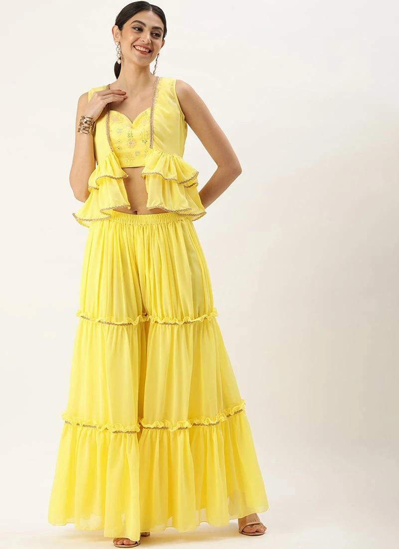 Jacket From Yellow Georgette Embroidered Crop Top N Sharara Set 3 Jacket From Yellow Georgette Embroidered Crop Top N Sharara Set - Image 3