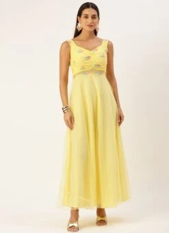 Yellow Georgette Embroidered Dress Party Wear -Indo Clothing Shop Yellow Georgette Embroidered Dress DRBS02301673 u
