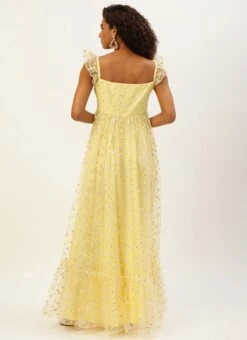 Yellow Glitter Foil Tiered Gathers Dress Party Wear -Indo Clothing Shop Yellow Glitter Foil Tiered Gathers Dress DRBS02209691 b