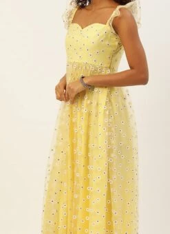 Yellow Glitter Foil Tiered Gathers Dress Party Wear