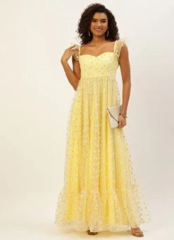 Yellow Glitter Foil Tiered Gathers Dress Party Wear -Indo Clothing Shop Yellow Glitter Foil Tiered Gathers Dress DRBS02209691 u