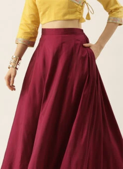 Yellow N Dark Purple Taffeta Skirt Festive Wear