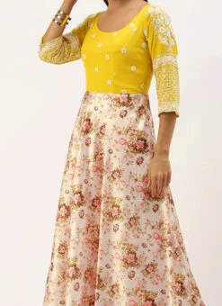 Yellow N Pink Embroidered Floor Length Gown Festive Wear