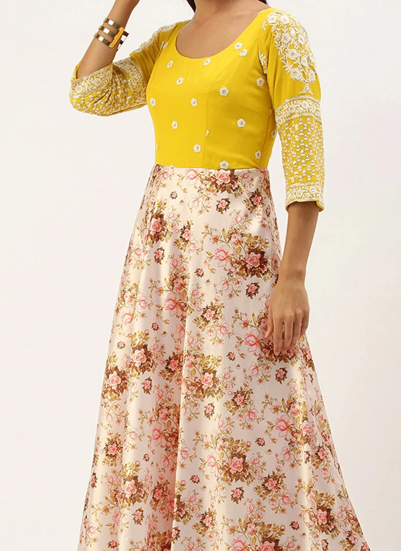 Yellow N Pink Embroidered Floor Length Gown Festive Wear 1 Yellow N Pink Embroidered Floor Length Gown Festive Wear