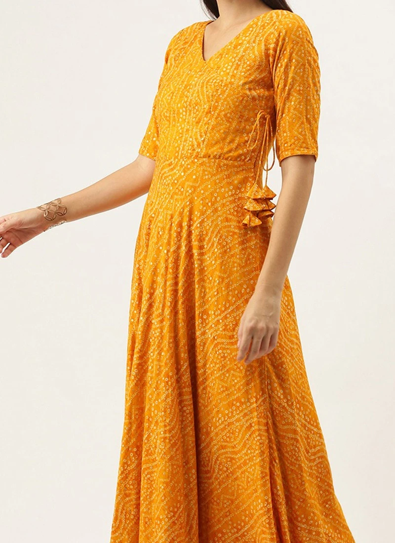 Yellow Printed Angarkha Gown Festive Wear 1 Yellow Printed Angarkha Gown Festive Wear