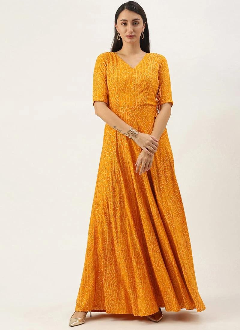Yellow Printed Angarkha Gown Festive Wear 3 Yellow Printed Angarkha Gown Festive Wear - Image 3