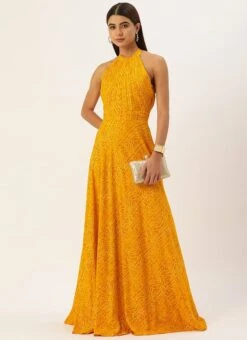 Why Kiki Dress Yellow Printed Halter Neck Floor Length Gown Festive Wear -Indo Clothing Shop Yellow Printed Halter Neck Floor Length Gown IWBS02110888 u