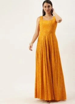 Yellow Printed Strap Neck Dress After Six Wear -Indo Clothing Shop Yellow Printed Strap Neck Dress DRBS02109710 u