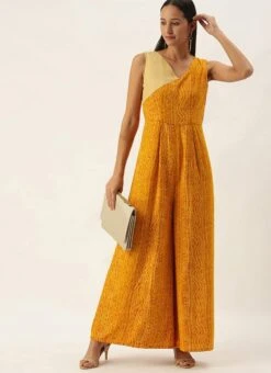 Yellow Printed Viscose Angrakha Style Jumpsuit Festive Wear -Indo Clothing Shop Yellow Printed Viscose Angrakha Style Jumpsuit DRBS02109746 u