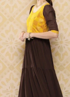 Yellow Rayon N Brown Georgette Gathers Dress After Six Wear