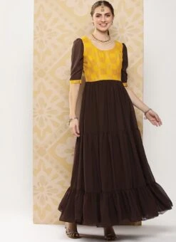 Yellow Rayon N Brown Georgette Gathers Dress After Six Wear 10 Yellow Rayon N Brown Georgette Gathers Dress After Six Wear -Indo Clothing Shop Yellow Rayon N Brown Georgette Gathers Dress DRBS02302147 u