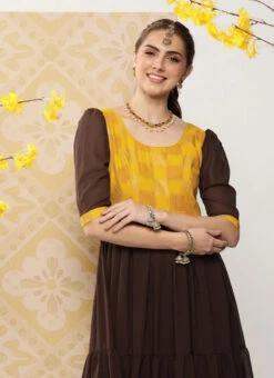 Yellow Rayon N Brown Georgette Gathers Dress After Six Wear 12 Yellow Rayon N Brown Georgette Gathers Dress After Six Wear -Indo Clothing Shop Yellow Rayon N Brown Georgette Gathers Dress DRBS02302147 rrc1