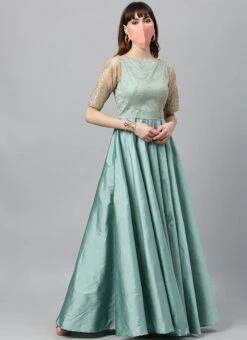 Beige And Wasabi Green Contrast Embroidered Gown Festive Wear -Indo Clothing Shop beige and wasabi green contrast embroidered gown IWBS01912997 u