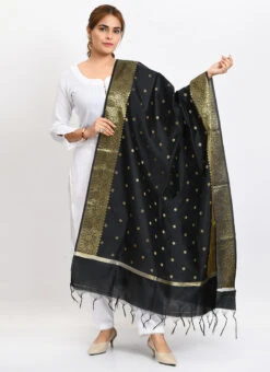 Black Banarasi Silk Weaving Work Dupatta Work Wear -Indo Clothing Shop black banarasi silk weaving work dupatta dpdmimfd180 u