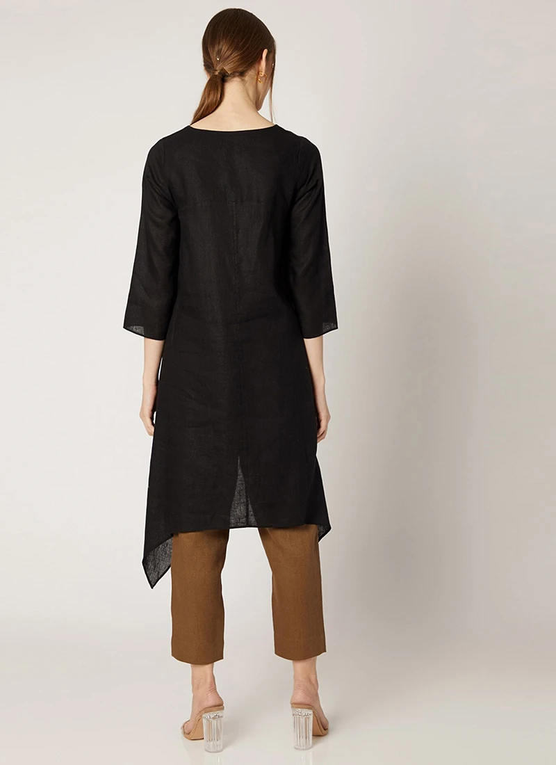 Black Cotton Slub Kurta Straight Pant Set Work Wear 4 Black Cotton Slub Kurta Straight Pant Set Work Wear - Image 4