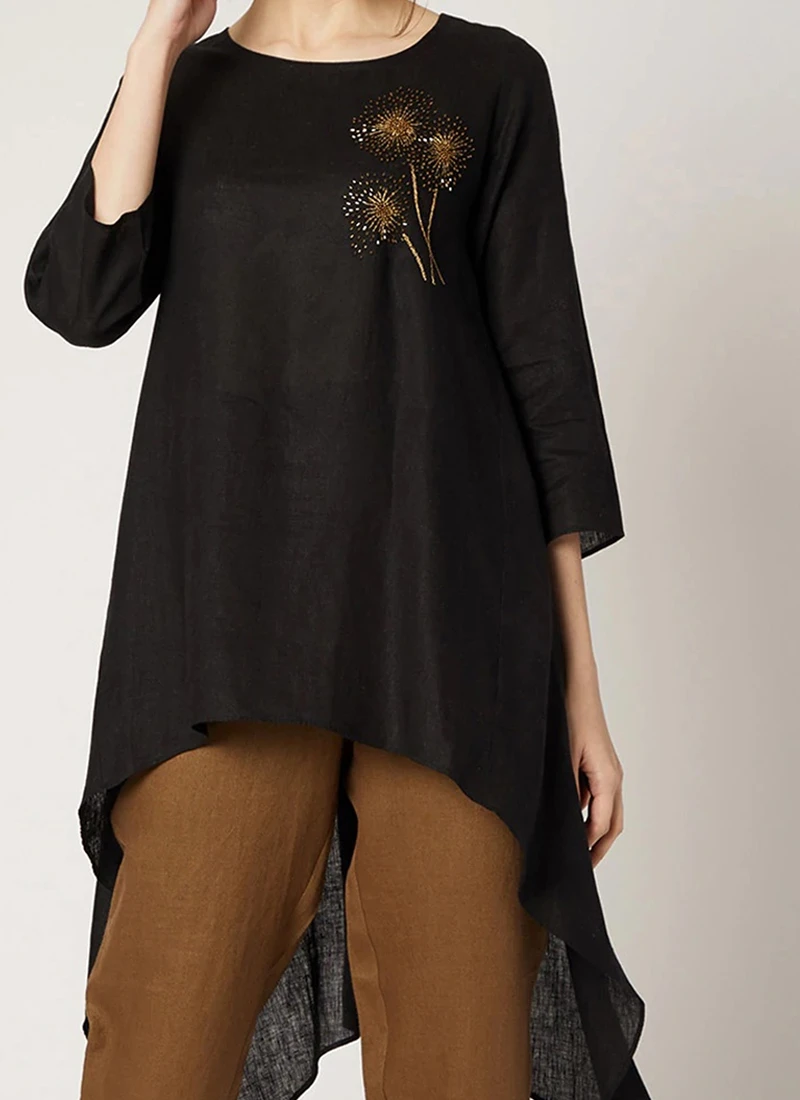 Black Cotton Slub Kurta Straight Pant Set Work Wear 1 Black Cotton Slub Kurta Straight Pant Set Work Wear