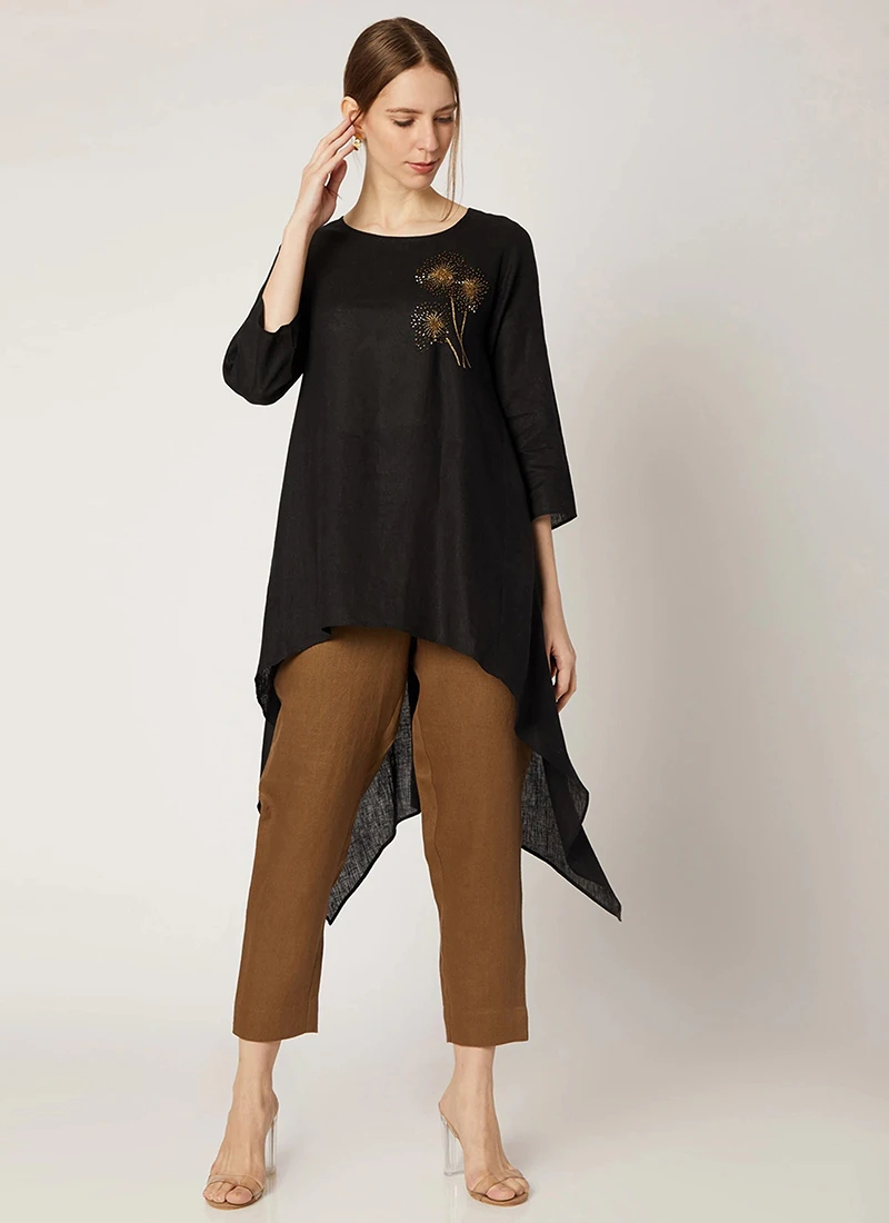 Black Cotton Slub Kurta Straight Pant Set Work Wear 3 Black Cotton Slub Kurta Straight Pant Set Work Wear - Image 3