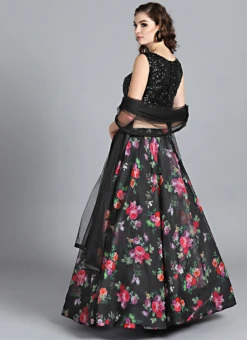 Black Digital Printed Organza Umbrella Skirt Party Wear