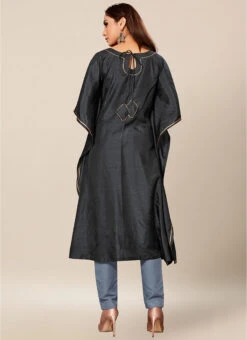 Grey Dola Silk Lace Work Kaftan Work Wear -Indo Clothing Shop black dola silk lace work kaftan krsakf1096 b