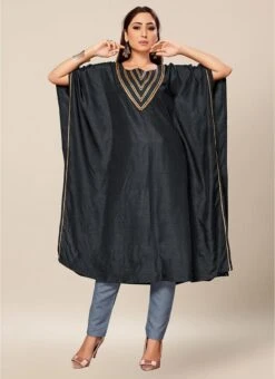Grey Dola Silk Lace Work Kaftan Work Wear -Indo Clothing Shop black dola silk lace work kaftan krsakf1096 u