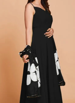 Black Faux Georgette Digital Print Duppata Gown After Six Wear