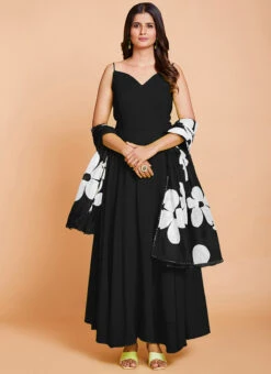 Black Faux Georgette Digital Print Duppata Gown After Six Wear -Indo Clothing Shop black faux georgette digital print duppata gown bgwrska4722b243 u