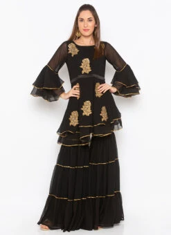 Black Georgette Embroidered Kurta Sharara Set After Six Wear 6 Black Georgette Embroidered Kurta Sharara Set After Six Wear -Indo Clothing Shop black georgette embroidered kurta sharara set krsmnc1996ks u