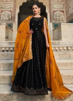 Black Georgette Sequins Embroidery Anarkali Gown Party Wear -Indo Clothing Shop black georgette sequins embroidery anarkali gown bgwrsom4852 u