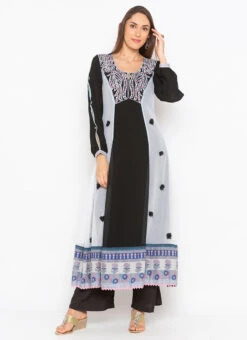 Black N Grey Georgette Embroidered Kurta Palazzo Set After Six Wear -Indo Clothing Shop black n grey georgette embroidered kurta palazzo set krsmnc1942ks u