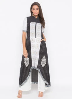 Black N White Cotton Embroidered Kurta Palazzo Set After Six Wear -Indo Clothing Shop black n white cotton embroidered kurta palazzo set krsmnc2008ks u