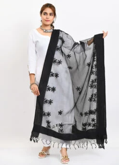 Black Organza Cotton Chikankari Embroidery Dupatta Work Wear -Indo Clothing Shop black organza cotton chikankari embroidery dupatta dpdmimfd115 u