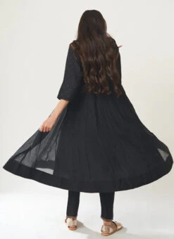 Black Pure Chanderi Silk Embroidered Kurta Straight Pant Set Party Wear -Indo Clothing Shop black pure chanderi silk embroidered kurta straight pant set krsdvcsvks49 b