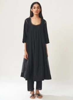 Black Pure Chanderi Silk Embroidered Kurta Straight Pant Set Party Wear -Indo Clothing Shop black pure chanderi silk embroidered kurta straight pant set krsdvcsvks49 u