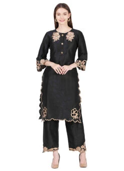 Black Raw Silk Kurta Semi Palazzo Set Party Wear -Indo Clothing Shop black raw silk kurta semi palazzo set krskinf9900525 u