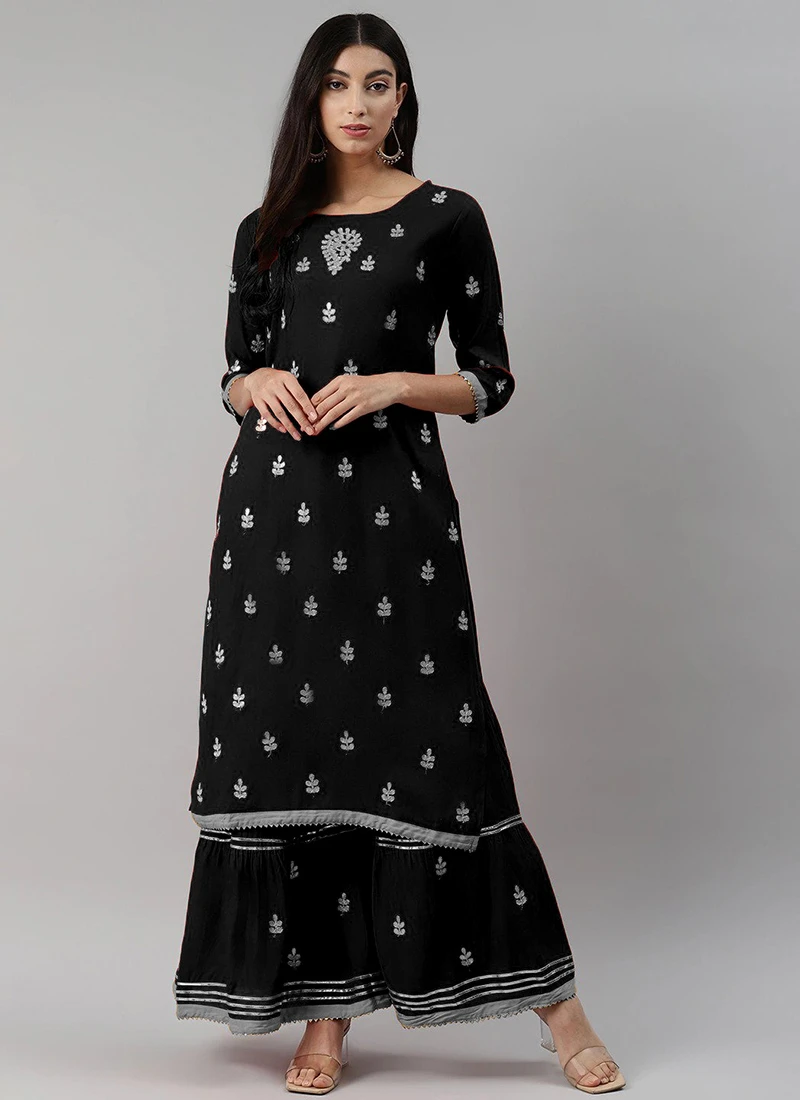 Black Rayon Embroidery Kurta Sharara Set Party Wear 3 Black Rayon Embroidery Kurta Sharara Set Party Wear - Image 3