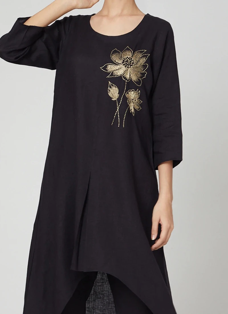 Black Rayon Slub Kurta Straight Pant Set Work Wear 1 Black Rayon Slub Kurta Straight Pant Set Work Wear