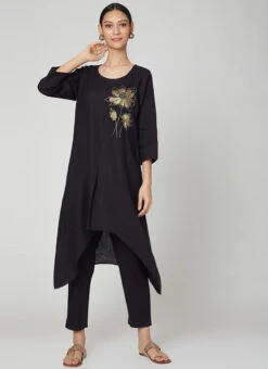 Black Rayon Slub Kurta Straight Pant Set Work Wear 6 Black Rayon Slub Kurta Straight Pant Set Work Wear -Indo Clothing Shop black rayon slub kurta straight pant set krsdvcsvts23 u