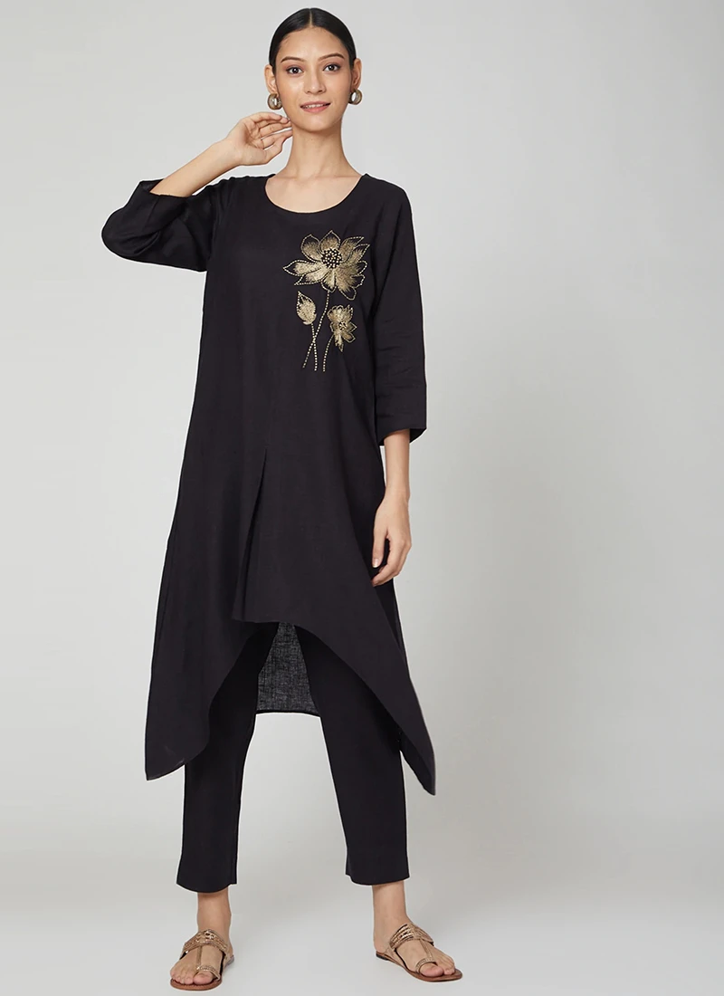 Black Rayon Slub Kurta Straight Pant Set Work Wear 3 Black Rayon Slub Kurta Straight Pant Set Work Wear - Image 3