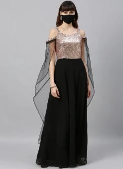 Black Sequins Embroidered Dupatta Style Cape Gown Party Wear -Indo Clothing Shop black sequins embroidered dupatta style cape gown IWBS02004304 u